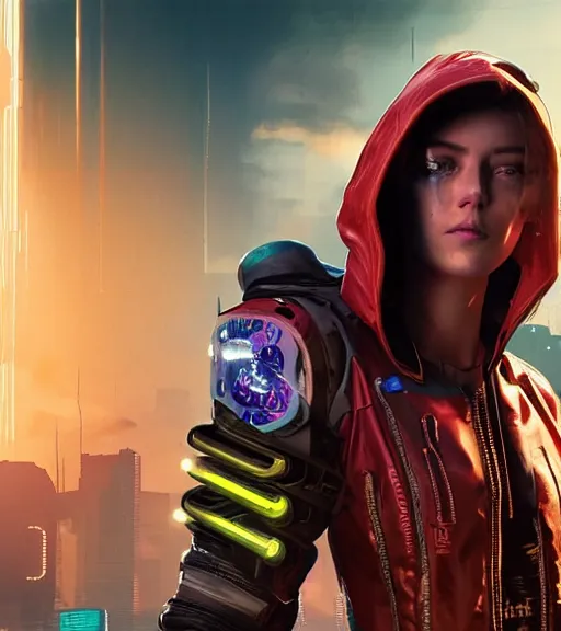 Image similar to cyberpunk 2 0 7 7, an anthromorphoic banana character that has the face of emma stone - mage portrait, clothed in hooded, metal - plated battle armor atmospheric lighting painted intricate volumetric lighting, beautiful, sharp focus, ultra detailed by leesha hannigan, ross tran, thierry doizon, kai carpenter, ignacio fernandez rios