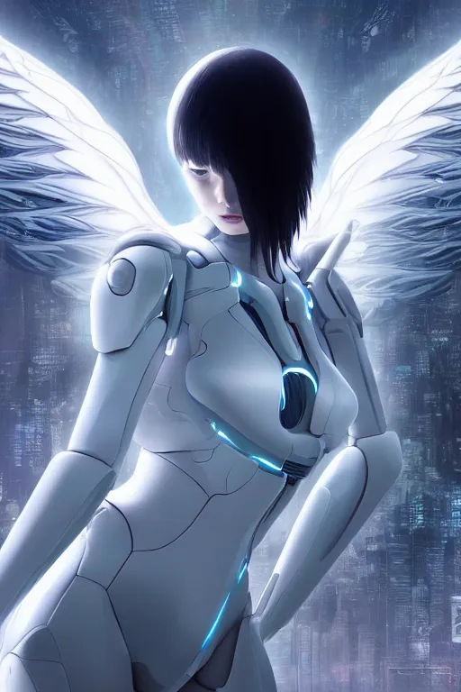 Image similar to white arc-angel with mystic robotic wings,akira, ghost in the shell, ultra detailed, digital art, 8k ,character ,realistic, portrait, hyperrealistic