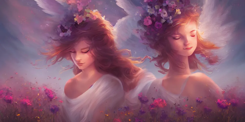 Image similar to An angel with beautiful face shooting luminous arrows with a bow on a country landscape covered with flowers, inspired by Daniela Uhlig and Cyril Rolando, trending on artstation, heavenly colors, volumetric lighting