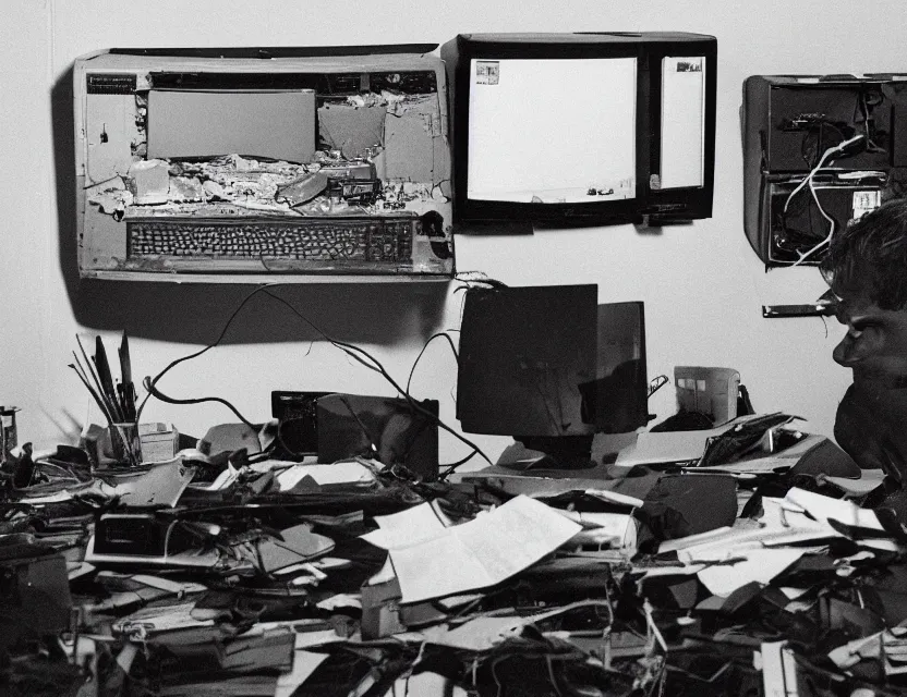 Prompt: a high resolution photo of a sad man in a messy office room watching the collapse of the entire universe live stream on a vintage computer screen, storm, fire, earthquake, debris,