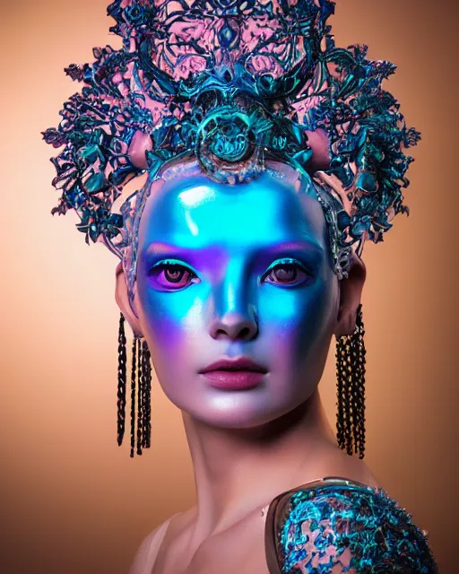 Prompt: natural light, soft focus portrait of a android with soft synthetic pink skin, blue bioluminescent plastics, smooth shiny metal, elaborate ornate head piece, piercings, venetian mask, skin textures, by annie liebovotz, paul lehr,