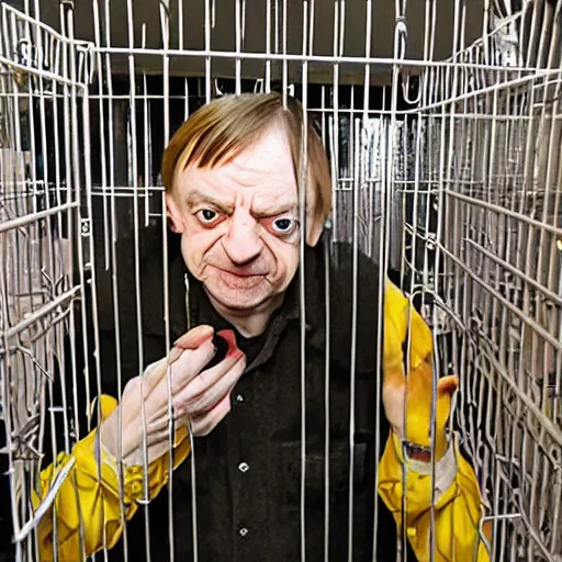 Prompt: mark e smith locked in a small bird cage on the shelf of a pet store