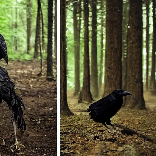 Image similar to male human and crow!! chimera, photograph captured in a forest