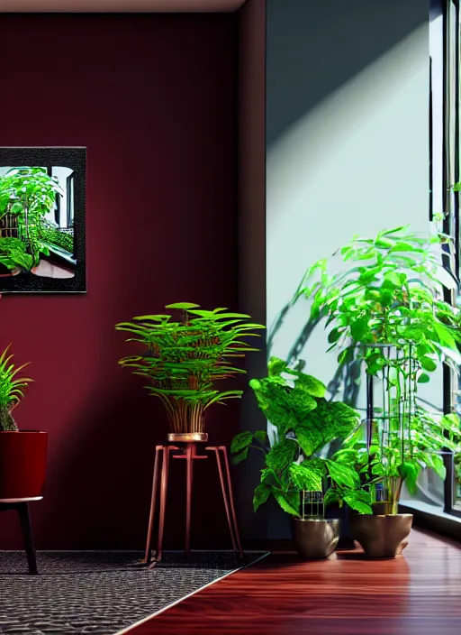 Prompt: hyperrealism, detailed textures, photorealistic 3 d render, a beautiful rich interior living space with plants fishtanks and obsidian flooring, deep cherry wood walls, ultra realistic, ultra high pixel detail, cinematic, intricate, cinematic light, octane render, concept art, illustration, captured on canon eos r 6, art station, unreal engine 8 k