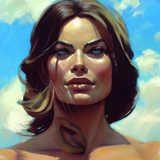 Image similar to greg manchess portrait of margot robbie as thick female bodybuilder lara croft, epic grimdark, fantasy, medium shot, asymmetrical, profile picture, organic painting, sunny day, matte painting, bold shapes, hard edges, street art, trending on artstation, by huang guangjian and gil elvgren and sachin teng