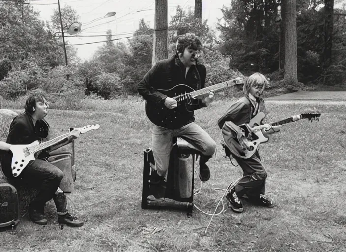 Image similar to a little water bear playing electric guitar while his friend plays the drums, Gregory Crewdson, Joel Sternfeld