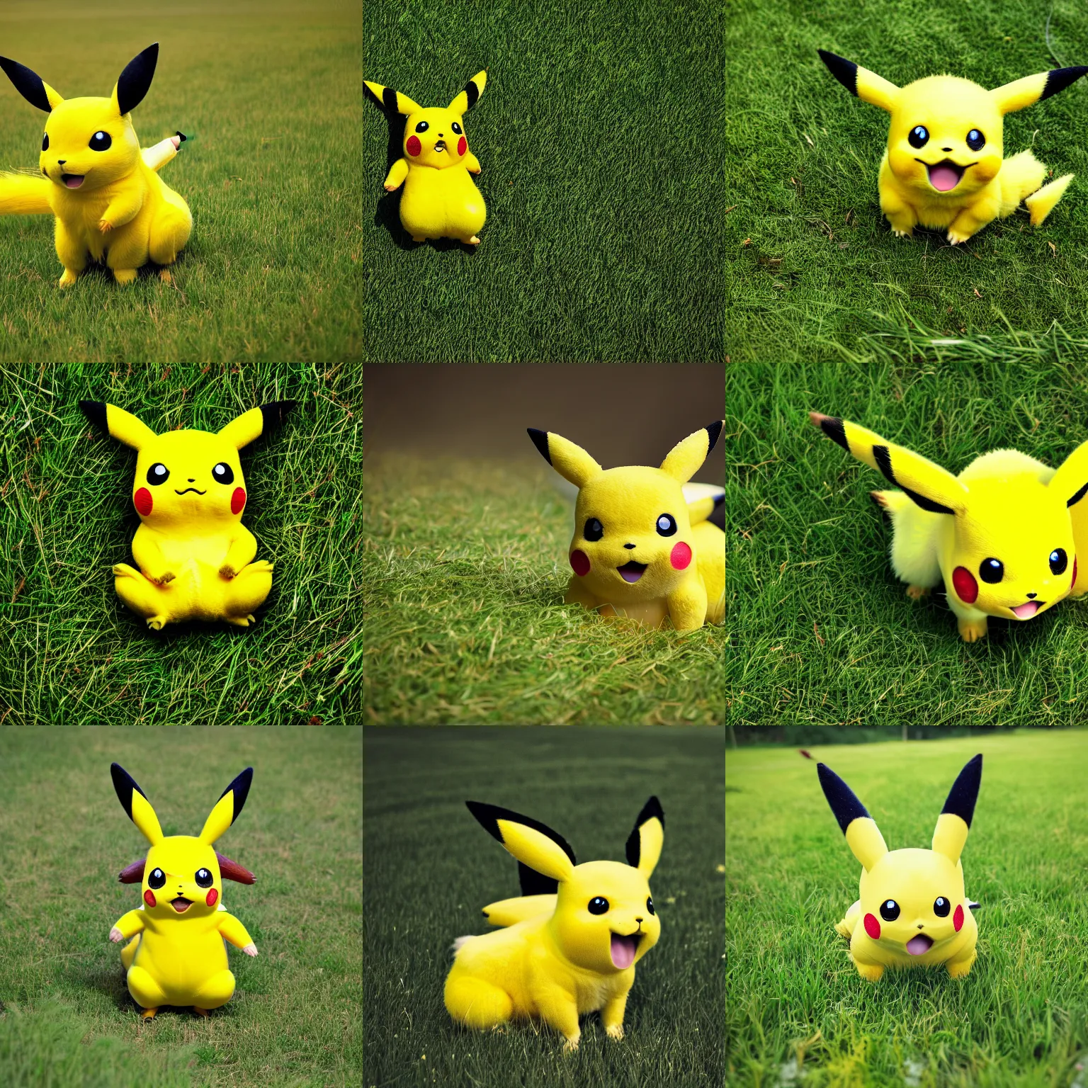Prompt: a real life pikachu amoung the grass of a field. 4 k photograph, 5 0 mm lens