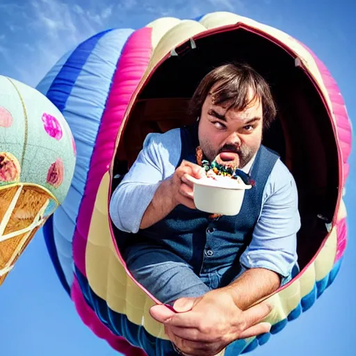 Image similar to jack black eating ice cream while riding in a hot air balloon with prince the musician, tv still, 8 k