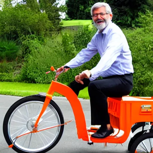 Prompt: Gerry Adams riding a orange, white, and green tricycle