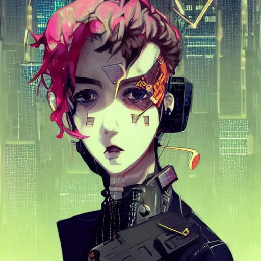 Image similar to close up, a grungy cyberpunk anime, very cute, pose pointing a bow and shouting by super ss, cyberpunk fashion, curly pink hair, night sky by wlop, james jean, victo ngai, highly detailed