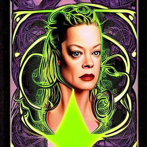 Prompt: young Jeri Ryan in the role of Seven of Nine the Borg from star trek, art nouveau, amazing details, intricate details, beautiful ,insane details , tarot card, black paper, neon green, fractal system circuit , in the style of Alphonse Mucha,