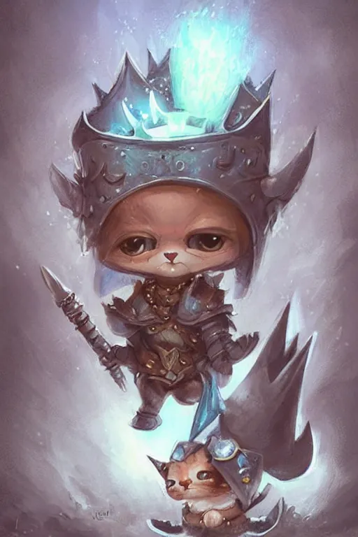 Image similar to cute little anthropomorphic cat knight wearing a cape and a crown, tiny, small, miniature cat , baby animal, short, pale blue armor, cute and adorable, pretty, beautiful, DnD character art portrait, matte fantasy painting, DeviantArt Artstation, by Jason Felix by Steve Argyle by Tyler Jacobson by Peter Mohrbacher, cinematic lighting