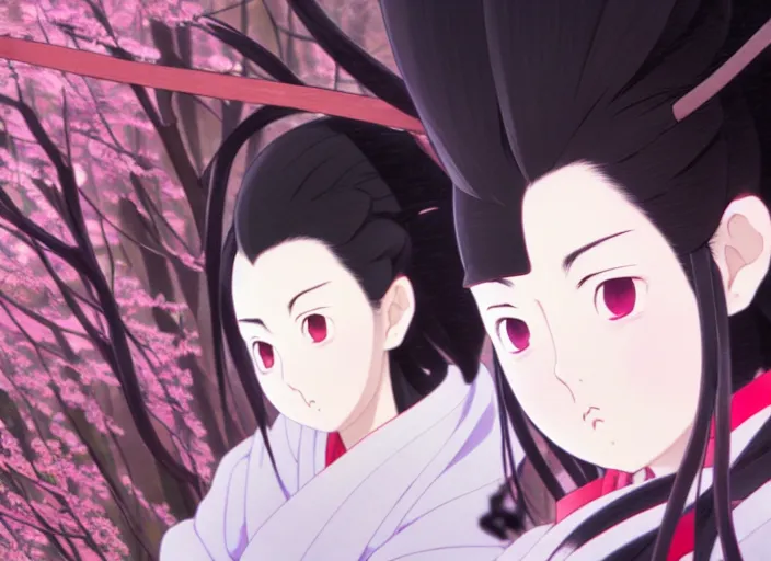 Image similar to a film still portrait of nezuko kamado, finely detailed features, closeup at the faces, perfect art, at a forest, gapmoe yandere grimdark, trending on pixiv fanbox, painted by greg rutkowski makoto shinkai takashi takeuchi studio ghibli, akihiko yoshida