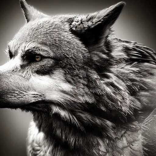 Prompt: mixture between an!! crow and! wolf, photograph captured in a dark forest, realistic