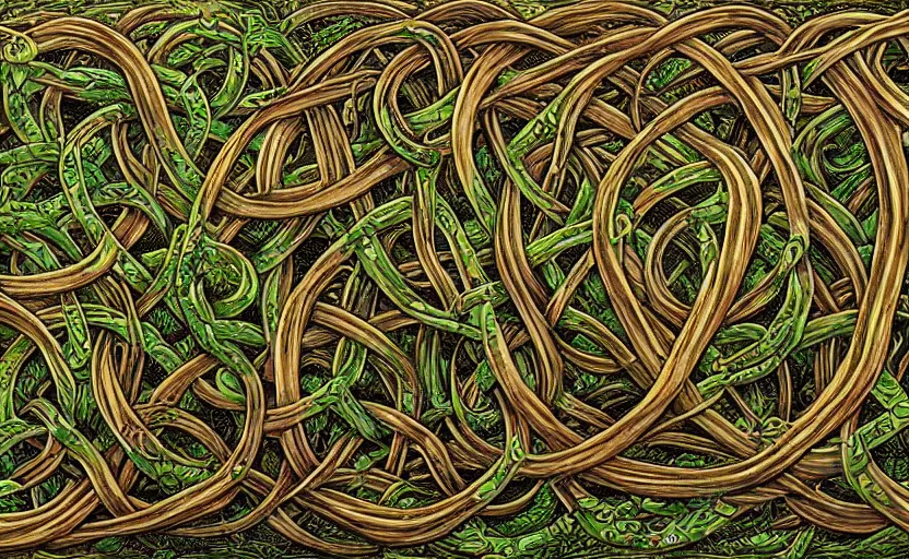 Prompt: a network of thick vines intertwined in the shape of a Celtic knot, central composition, in the style of Peter gric and Hannah yata 8k