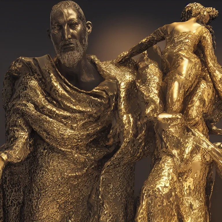 Image similar to octane render portrait by wayne barlow and carlo crivelli and glenn fabry and salvador dali and wes anderson, a screaming black marble statue of a roman woman covered in a gold shiny fishing net inside a european museum, cinema 4 d, ray traced lighting, very short depth of field, bokeh