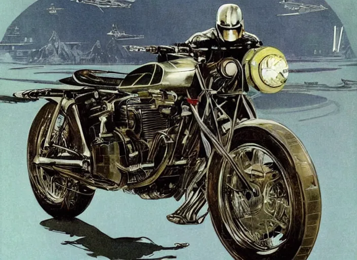 Prompt: ( ( ( ( ( classic star wars motorcycle concept art, 1 9 5 0 s scrambler, 1 9 6 0 s cafe racer, sci - fi illustration, painting, technical illustration ) ) ) ) ) by vincent di fate and john berkey and ralph mcquarrie!!!!!!!