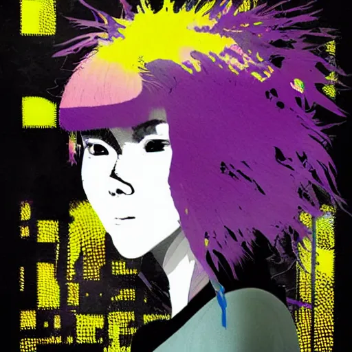 Image similar to Graphic Illustration, Creative Design, Glitch Art, Young Asian Woman with Purple Hair, by Ashley Wood and Jamie Hewlett