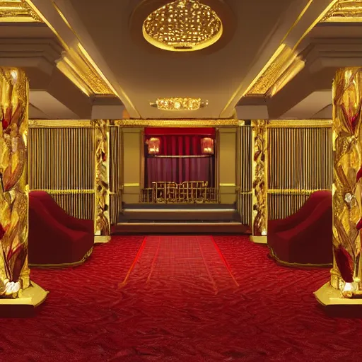 Image similar to isometric view of a lavish hotel lobby, full of cherry, wood and red carpet and golden accents on the walls, high quality, digital art