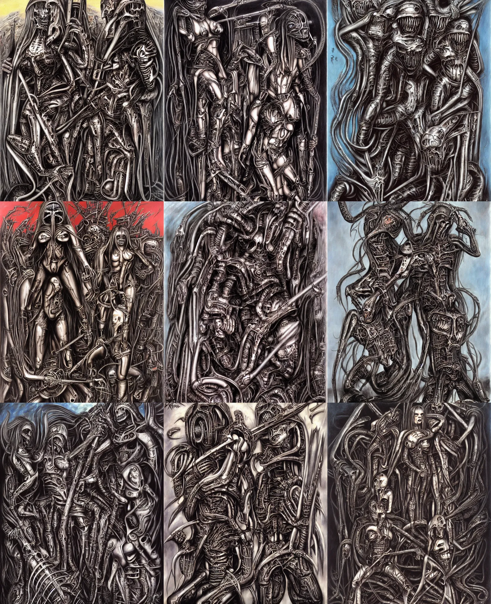 Prompt: iron maidens eddie painted by h. r. giger, very heavy metal, vivid, cool, powermetal