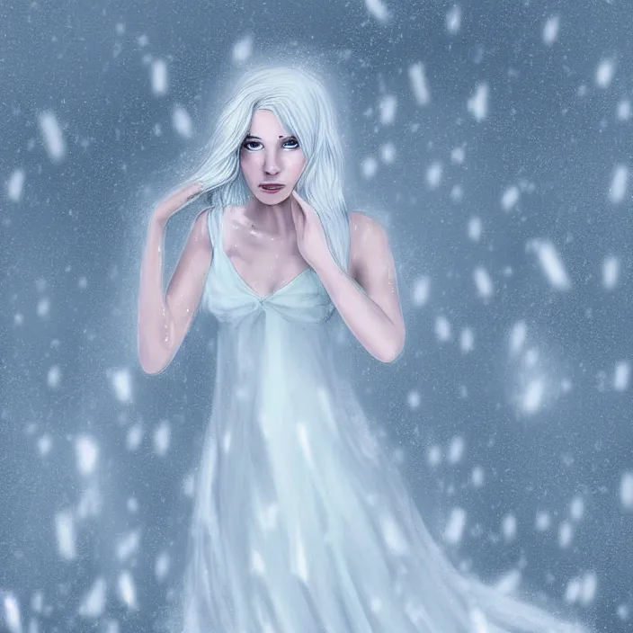 Image similar to full body portrait of a woman with pale blue hair wearing a long white dress made out of snowflake in the middle of a heavy snowstorm. pale, sickly looking, hypothermia. digital art by maromi sagi