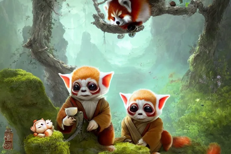 Prompt: an extremely cute red panda and baby-yoda sit on a lichen covered ancient bolder and sing songs and have a tea party, in the far background a hazy outline of a TIE fighter, mischievous, inquisitive, devious, hilarious, funny, by Tyler Edlin