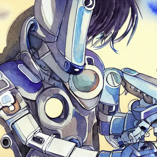 Image similar to watercolour painting of a broken robot repairing its own arm, anime, pencil lines, light watercolour, pale sky, beautiful artwork, anime screenshot, akihabara