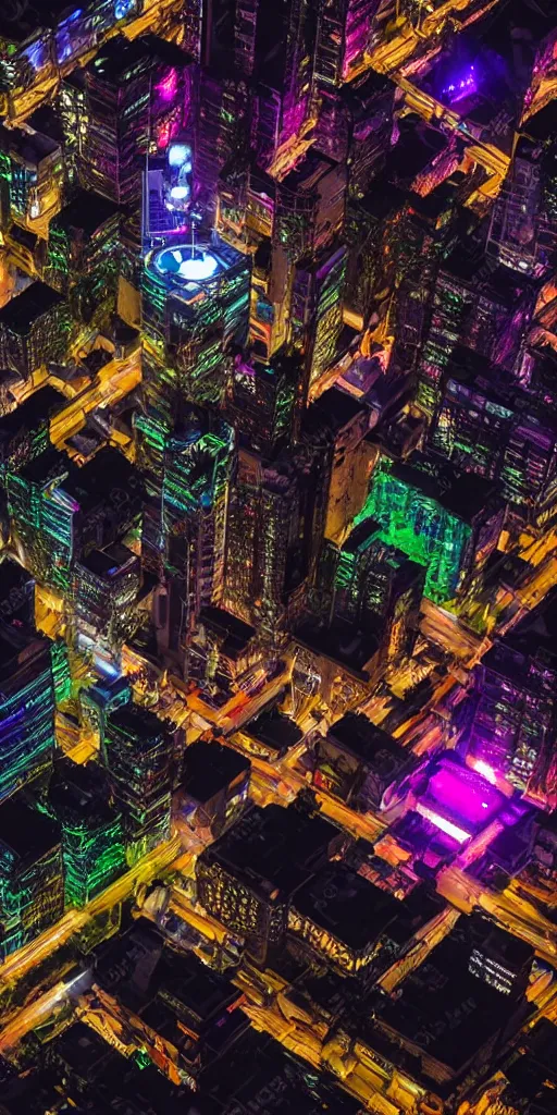 Image similar to cyberpunk city at night,drone shot, night clubs and neons, rain, girl under lantern