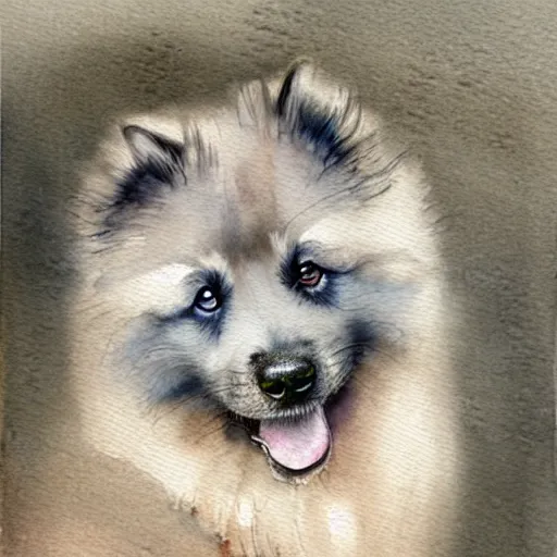 Image similar to a keeshond puppy watercolor painting by jean - baptiste monge, muted colors