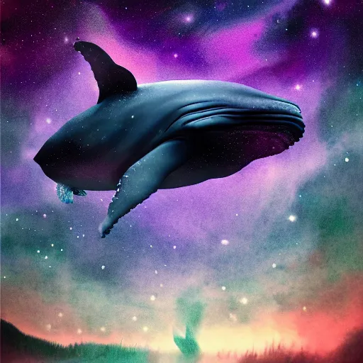 Image similar to portrait of whale swimming on a dark night sky, swimming across the universe, nebulae, purple and blue, galaxies, oniric, dreamy, beautiful, highly detailed, cinematic, dynamic composition, trending on artstation