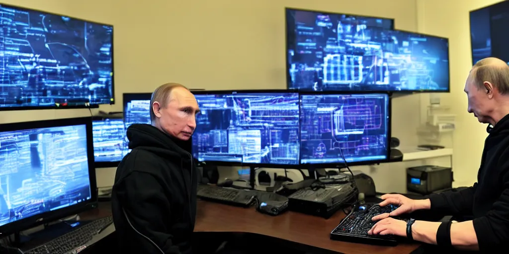 Prompt: vladimir putin hacking into the mainframe, in dark hoodie, multiple screens and monitors, dark atmosphere, cyberpunk theme, creepy, very detailed, realistic top secret classified photography