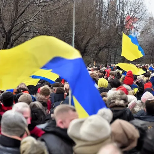Image similar to a crowd of people with ukrainian flags throw down a bust of volodymyr lenin