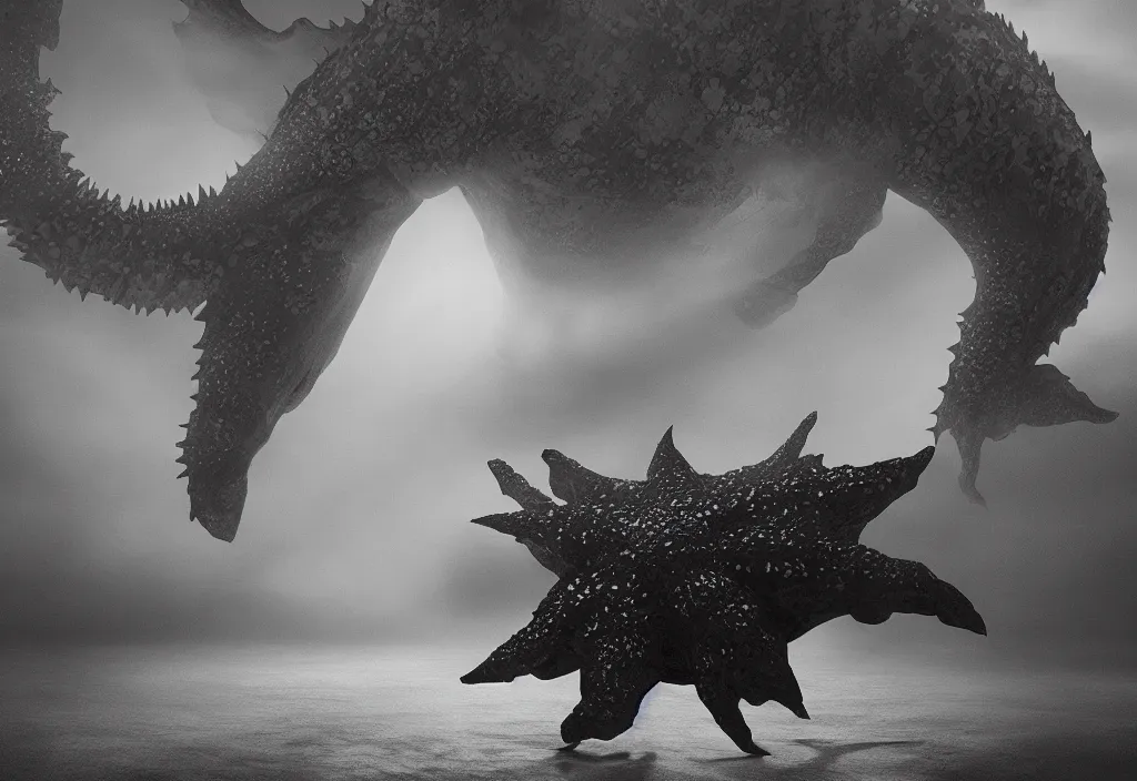 Image similar to light coming out of a bull - like kaiju starfish monster, korean film noir, korean traditional palace, fog, 4 k, video compression, video glitch, monochrome, akira kurosawa