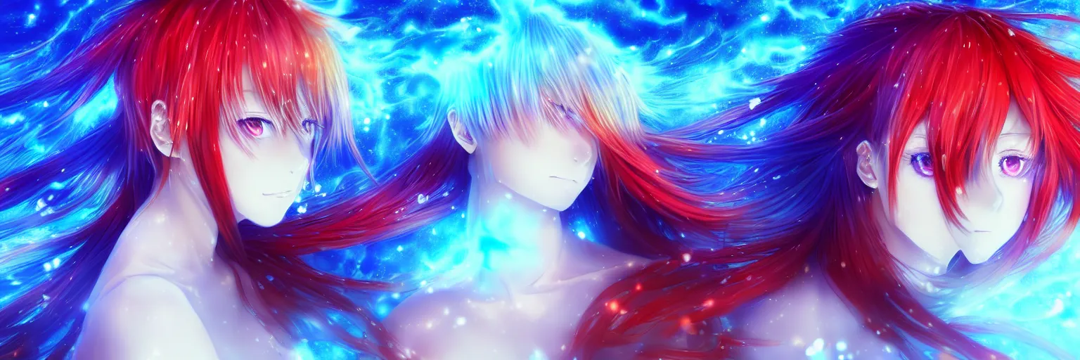 Prompt: advanced digital anime art, a very cute gorgeous teenage girl with a body made of fire and ice , full body, very long snow colored hair, sky blue highlights in hair, red fiery watery eyes, wearing a dress made of water, full round face, dramatic cinematic lighting, wideshot, highly intricately detailed, glitched background, broken screen, trending on pixiv, Artstation, painted by Rossdraws and the style of Sakimimichan