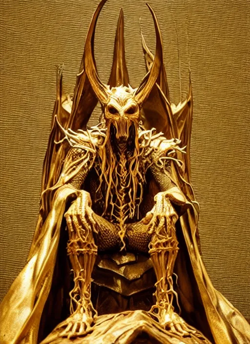 Image similar to photo taken of an epic intricate, ultra detailed, super realistic sculpture of a hooded satanic figure sitting on a nightmarish throne, sculpture on display, created by weta workshop, photorealistic, sharp focus, f 0. 4, face centred, golden ratio