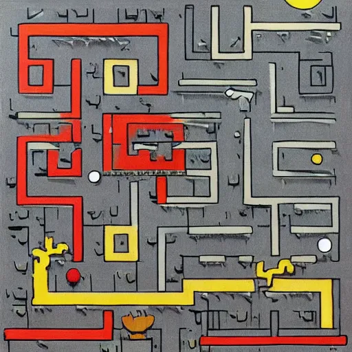 Prompt: pac - man - maze!!!! painting by mondrian
