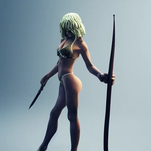 Image similar to highly detailedf figurine, beautiful young woman, slim waist, big bumm, with a sword in her right hand, martial art pose, octane render, bikini, volumetric lights, dramatic, highly detailed, messy, hair