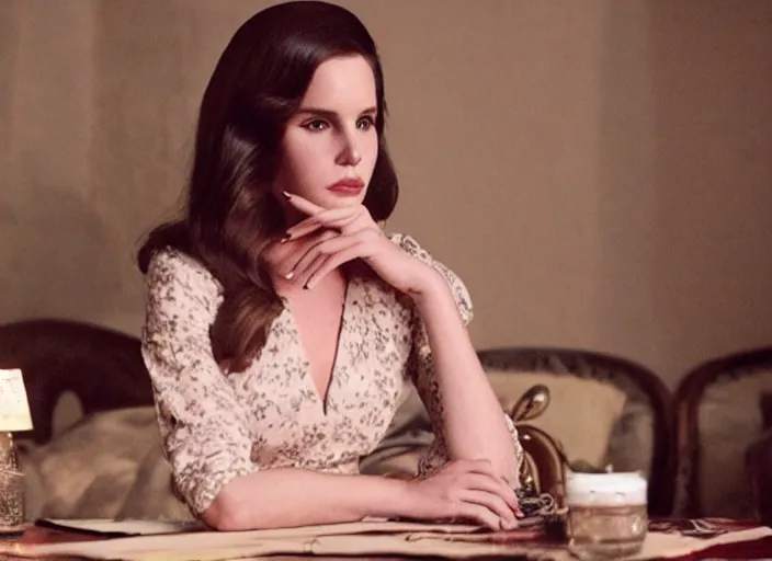 Prompt: Movie still of Lana del Rey wearing Kebaya sitting on a table, directed by Wes Anderson