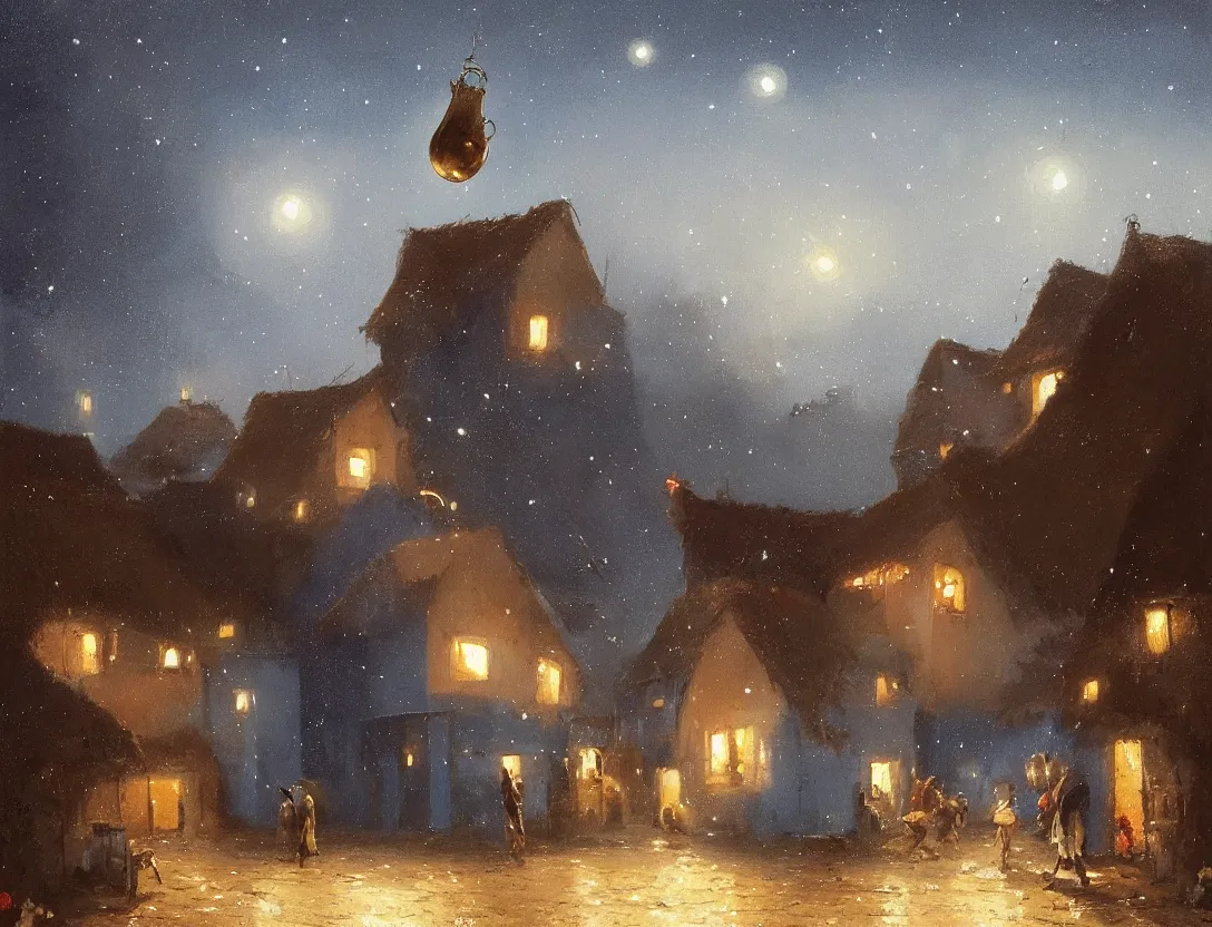 Prompt: Painting by Greg Rutkowski, at night a big ceramic jug with gold ornament flies high in the night dark blue sky above a small village with white houses under thatched roofs, stars in the sky