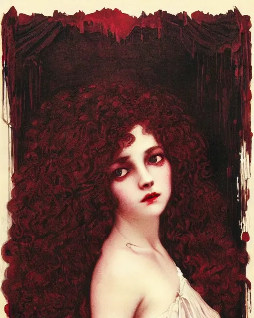 Image similar to a beautiful but sinister girl in layers of fear, with haunted eyes and curly hair, 1 9 7 0 s, seventies, delicate embellishments, a little blood, crimson, painterly, offset printing technique, by alexandre cabanel