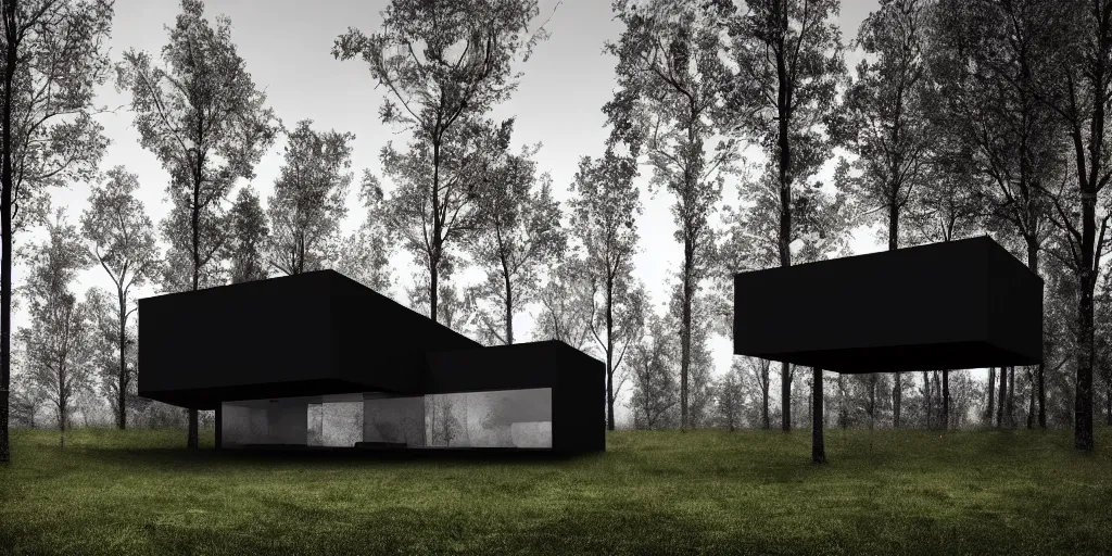 Image similar to a black cube minimalist house in the woods and empty woods, 8k, fantasy, hyper realistic, dramatic lighting, cinematic in ispahan