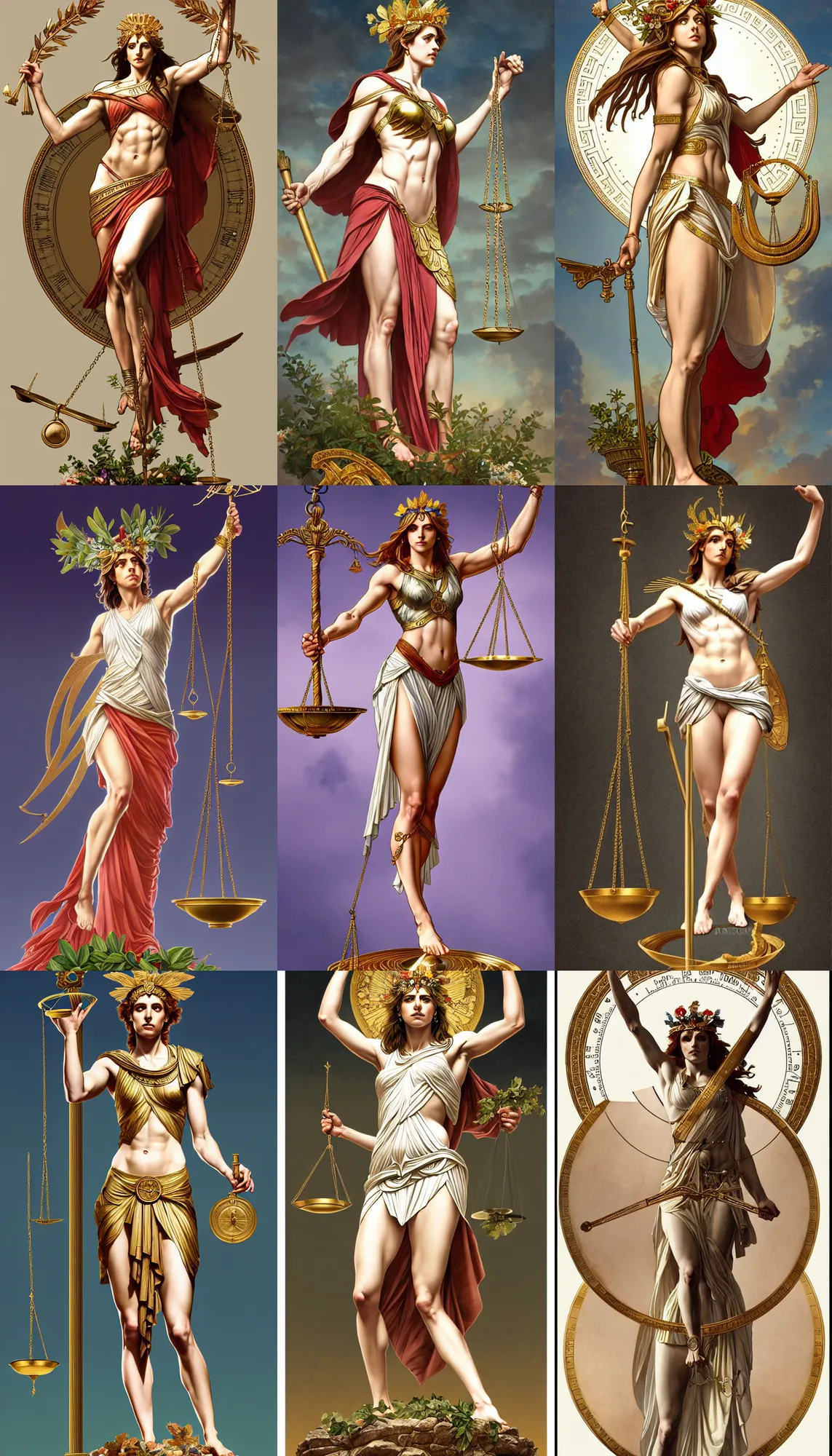 Prompt: a full body portrait of themis the greek goddess, presenting the balance scale of justice!! wearing a laurel wreath, extremely beautiful, anatomically accurate, by artgerm and by greg rutkowski and by alphonse mucha and by simon bisley, radiant light, detailed and intricate environment,