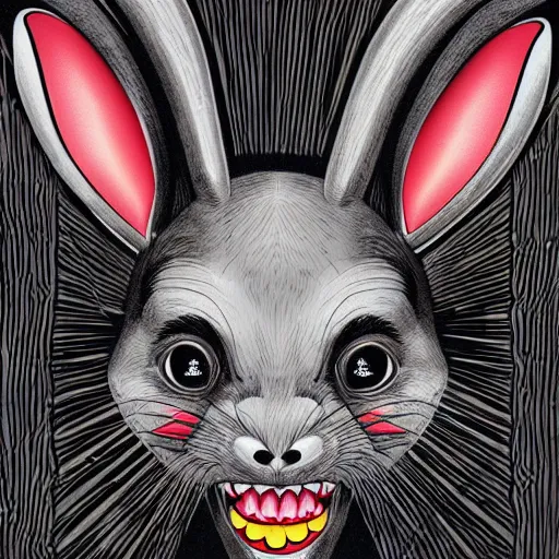 Image similar to A extremely highly detailed majestic hi-res beautiful, highly detailed head and shoulders portrait of a scary terrifying, horrifying, creepy maniacal crazy black cartoon rabbit with scary big eyes, earing a shirt laughing maniacally , let's be friends, in the style of a Walt Disney cartoon