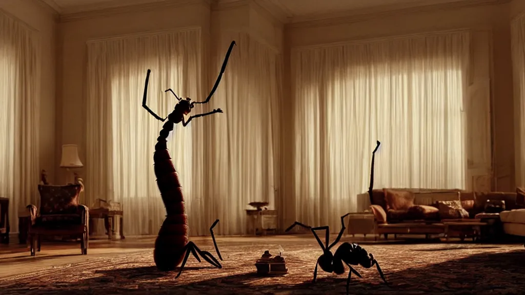 Image similar to the giant ant in the living room, film still from the movie directed by Denis Villeneuve with art direction by Salvador Dalí, wide lens