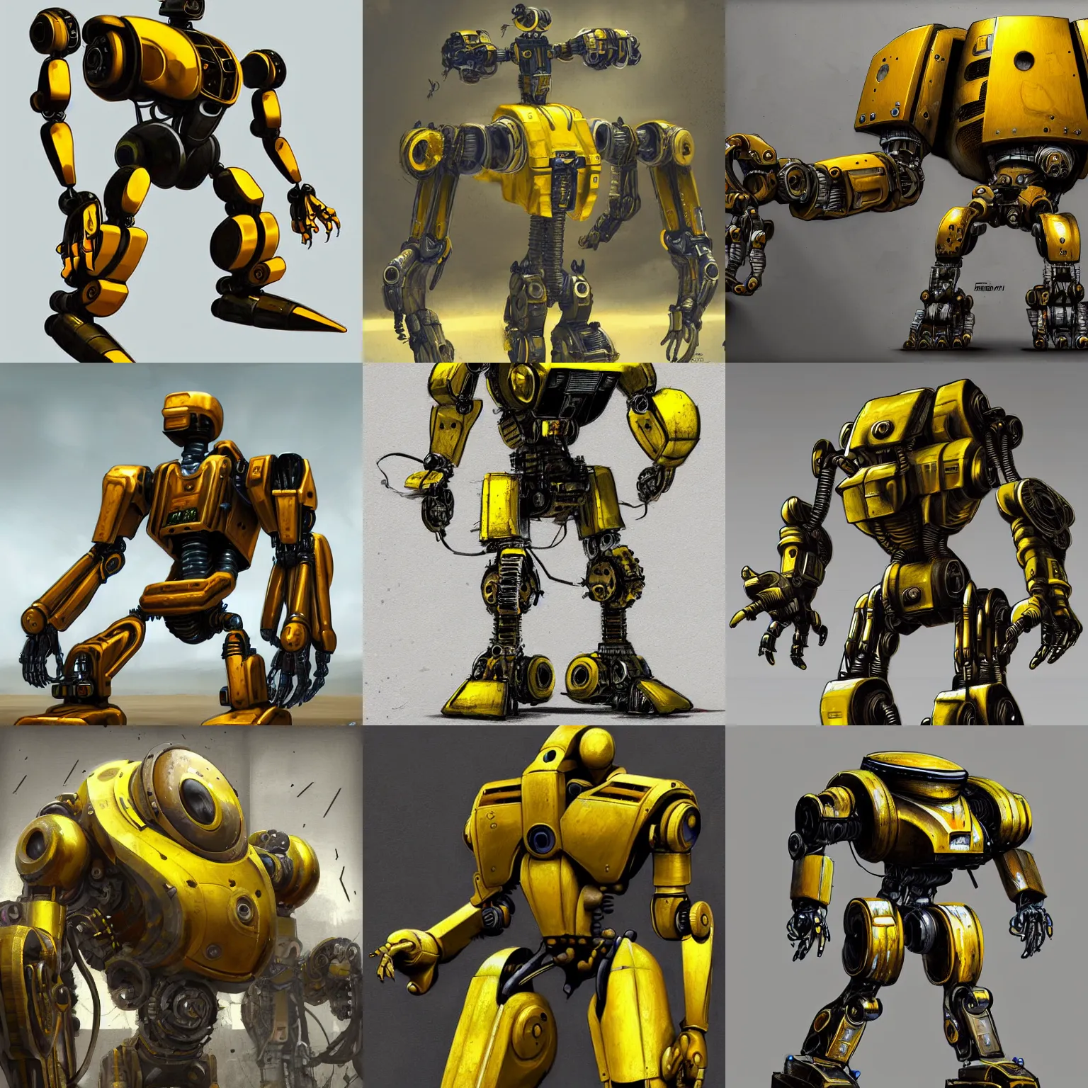 Prompt: robot design, quadrupedal, rusty, painted yellow, sci-fi, highly detailed, brutalist, realistic concept art, art station trending