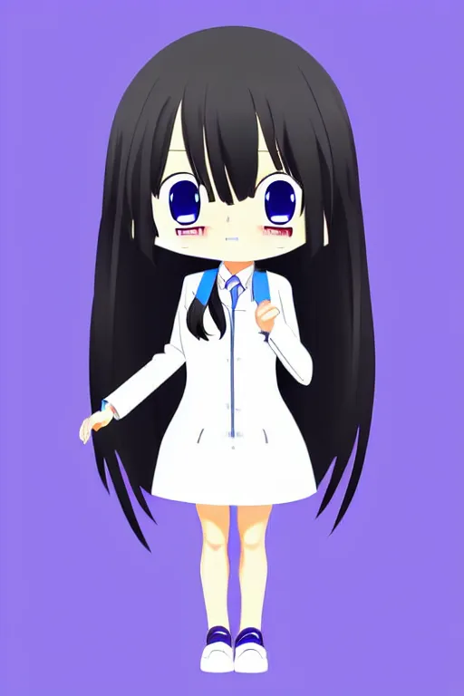 Image similar to full body anime portrait of a cute android girl round eyes long hair dressed in a school uniform inside the school, peace sign, stunning, highly detailed, anatomically correct, vector art, hyper realistic