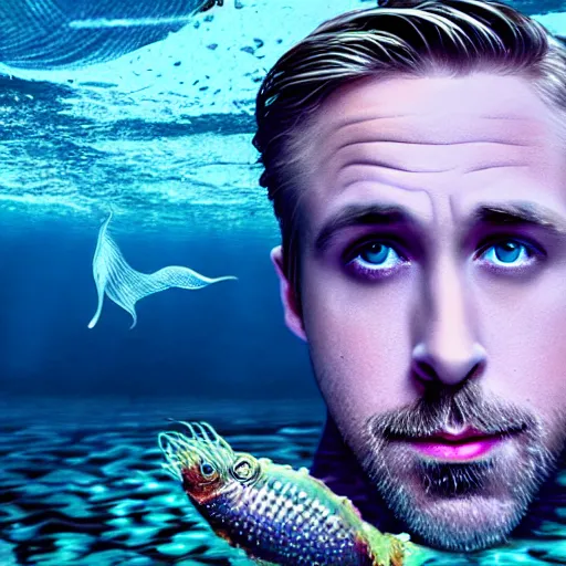 Image similar to ryan gosling portrait, fantasy, mermaid, hyperrealistic, game character, underwater, highly detailed, sharp focus, cinematic lighting, pearls, glowing hair, shells, gills, crown, water, highlights, starfish, jewelry, realistic, digital art, pastel, magic, fiction, ocean, king, colorful hair, sparkly eyes, fish, heroic, god, waves, bubbles