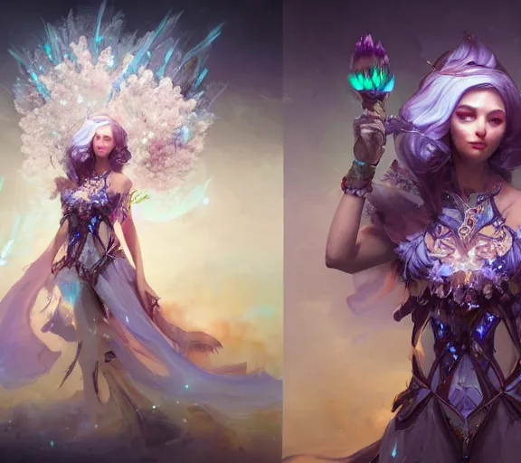 Prompt: beautiful girl necromancer covered with crystals exploding ice, 3 d render, hyper realistic detailed portrait, holding magic flowers, ruan jia, wlop. scifi, fantasy, hyper detailed, octane render, concept art, peter mohrbacher