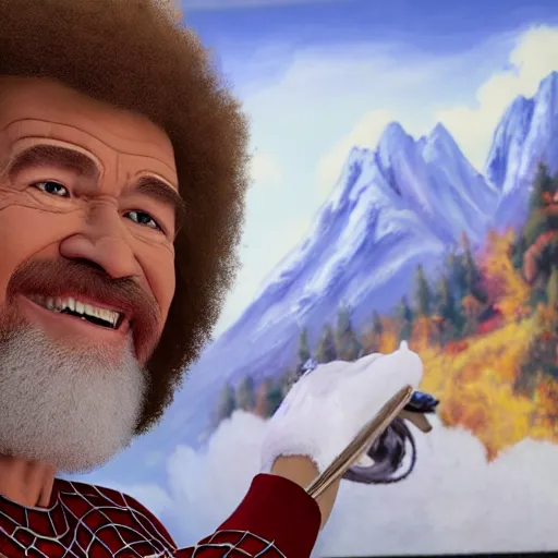 Image similar to a closeup photorealistic photograph of bob ross working on a canvas painting of spiderman. film still. brightly lit scene. mountains and trees. this 4 k hd image is trending on artstation, featured on behance, well - rendered, extra crisp, features intricate detail, epic composition and the style of unreal engine.