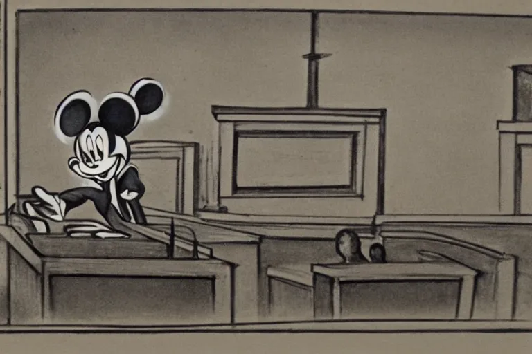 Prompt: detailed background courtroom sketch of vintage disney character mickey mouse presenting evidence of copyright infringement to the judge bench court room wooden serious dark tone vintage early cel animation